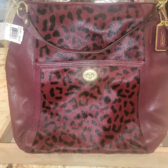 NWT Coach Burgundy Leopard Haircalf Leather Turnlock Large Hobo Shoulder Purse - Picture 8 of 13